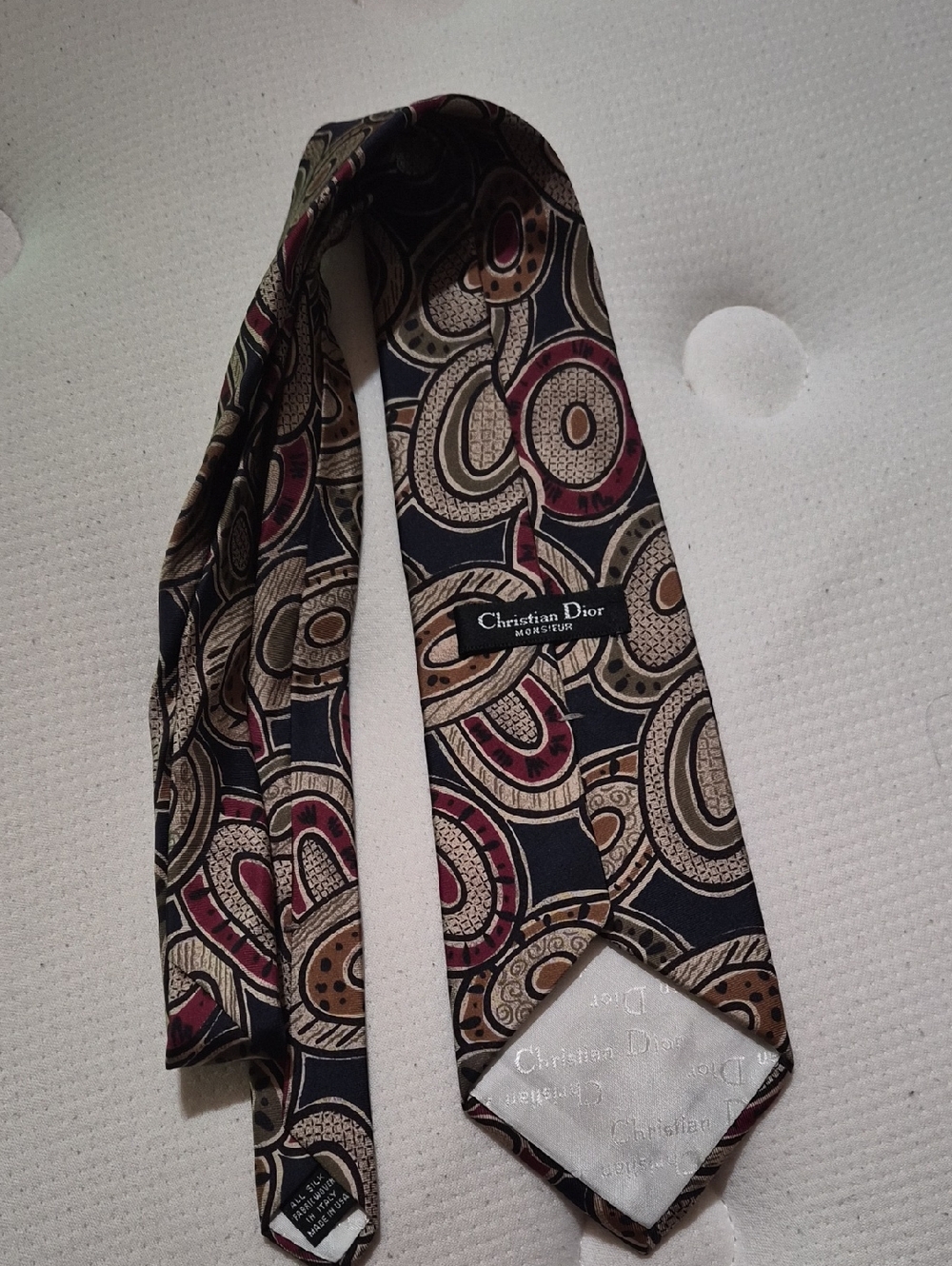Christian Dior Silk Geometric Circle Tie in Navy with Burgundy & Beige